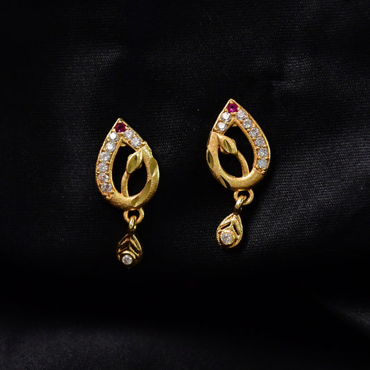 Teardrop Shape Gold Earrings with Ruby Detailing & Crystal Drops
