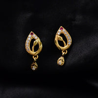 Teardrop Shape Gold Earrings with Ruby Detailing & Crystal Drops