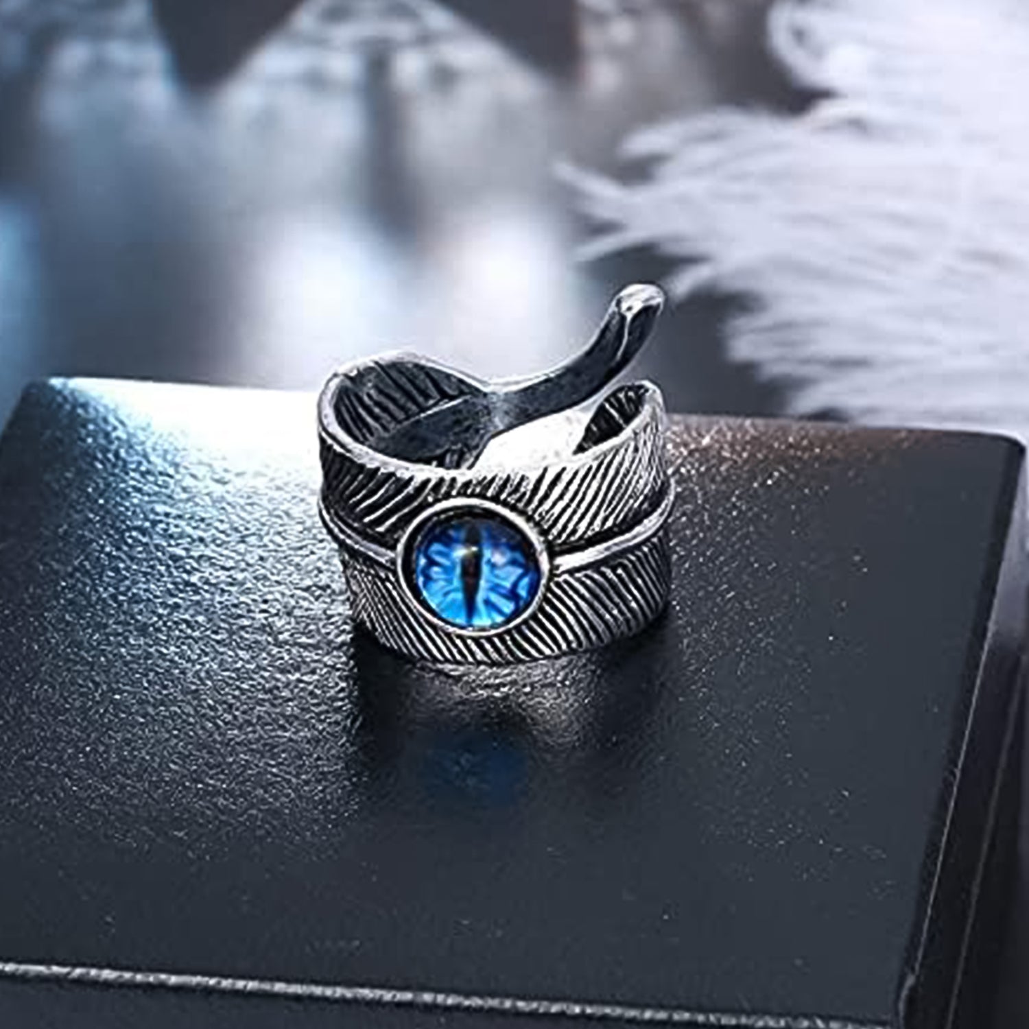 Open Blue Evil Eye Feather Finger Ring