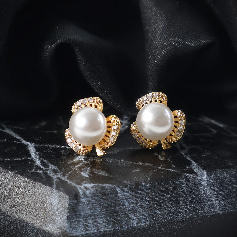 Elegant Pearl and CZ Stone Designer Stud Earrings for Women