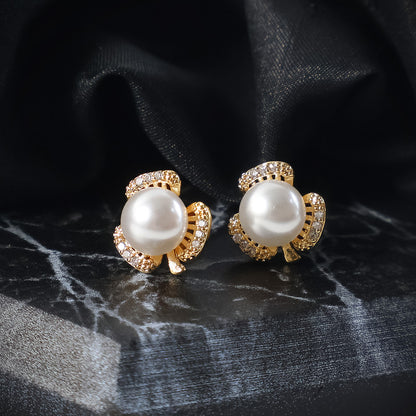 Elegant Pearl and CZ Stone Designer Stud Earrings for Women