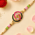 Black and Pink Enamel Spiral Pendant Rakhi with Pastel Beads