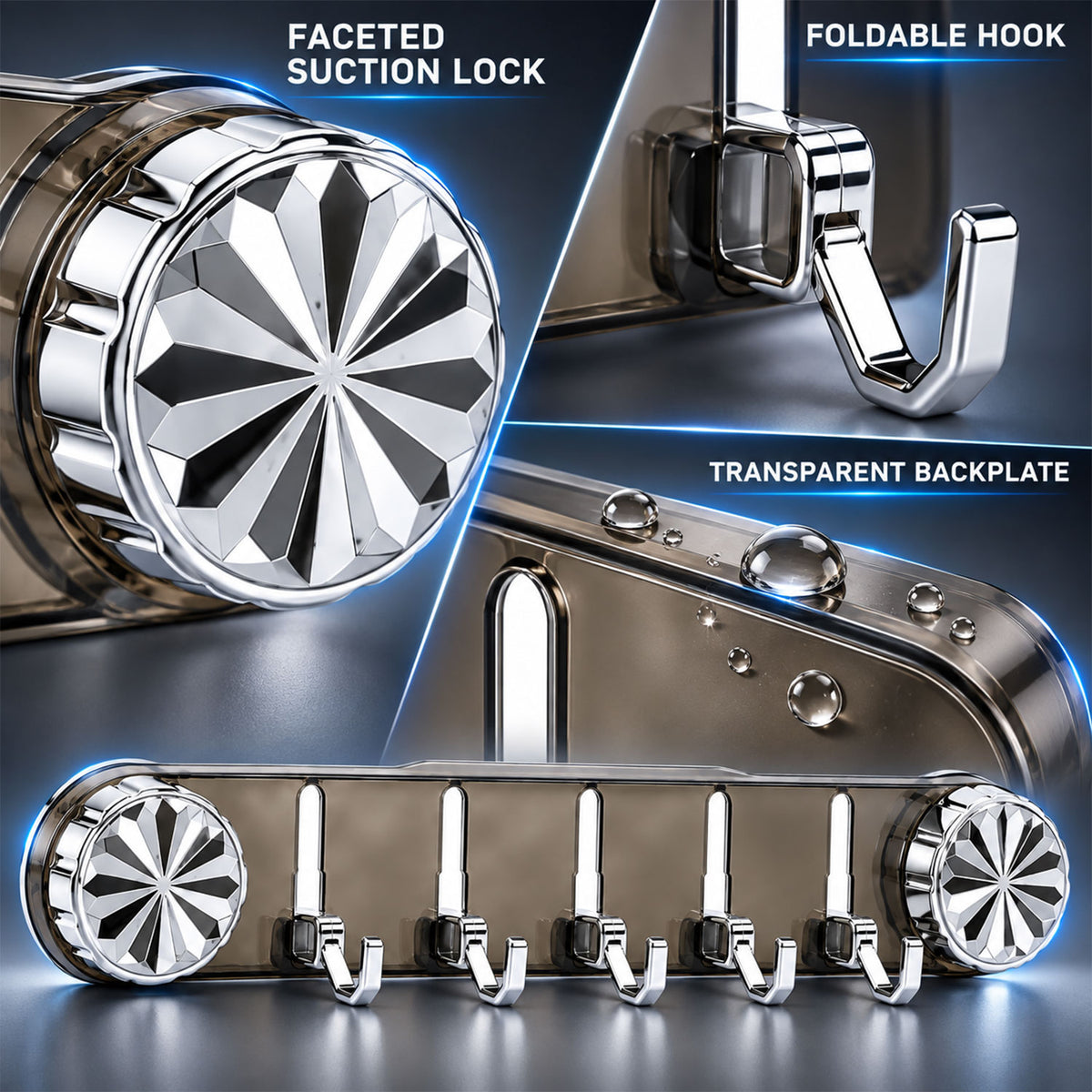 A detailed view of the gray transparent wall rack with five silver folding hooks, highlighting the faceted suction lock,