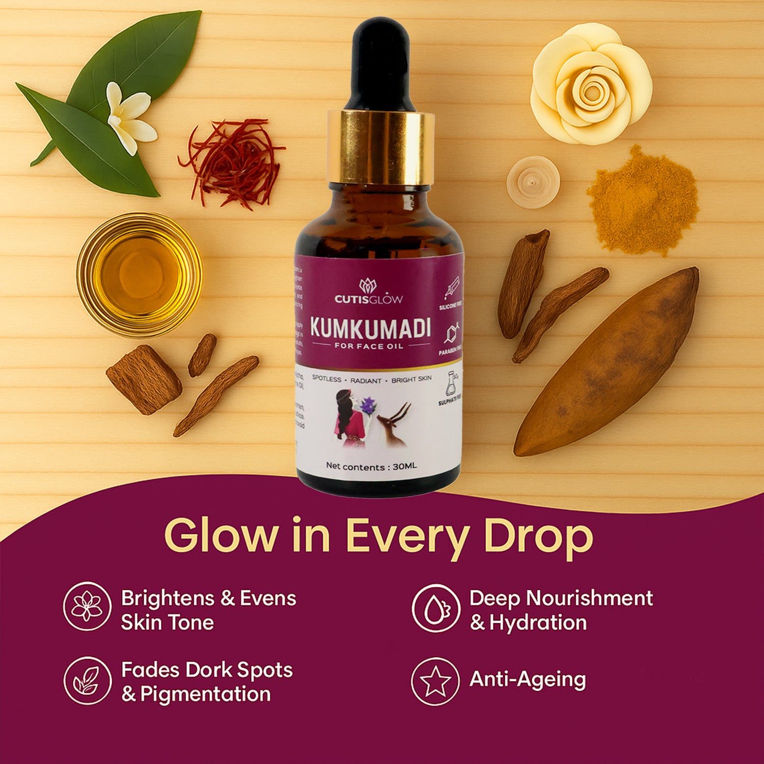 Eyelet Kumkumadi Face Oil – Ayurvedic Brightening & Spotless Radiance Elixir with Saffron & Herbs (30ml)