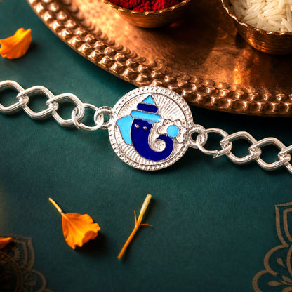 Round Ganesh Motif Enamel Silver Chain Designer Rakhi for Brother