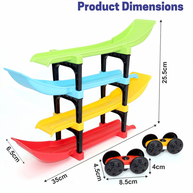 Aditi 4-Layer Colourful Ramp Racer Track Set with 2 Big-Wheel Cars & Connectors – Sturdy ABS Track Toy for Kids