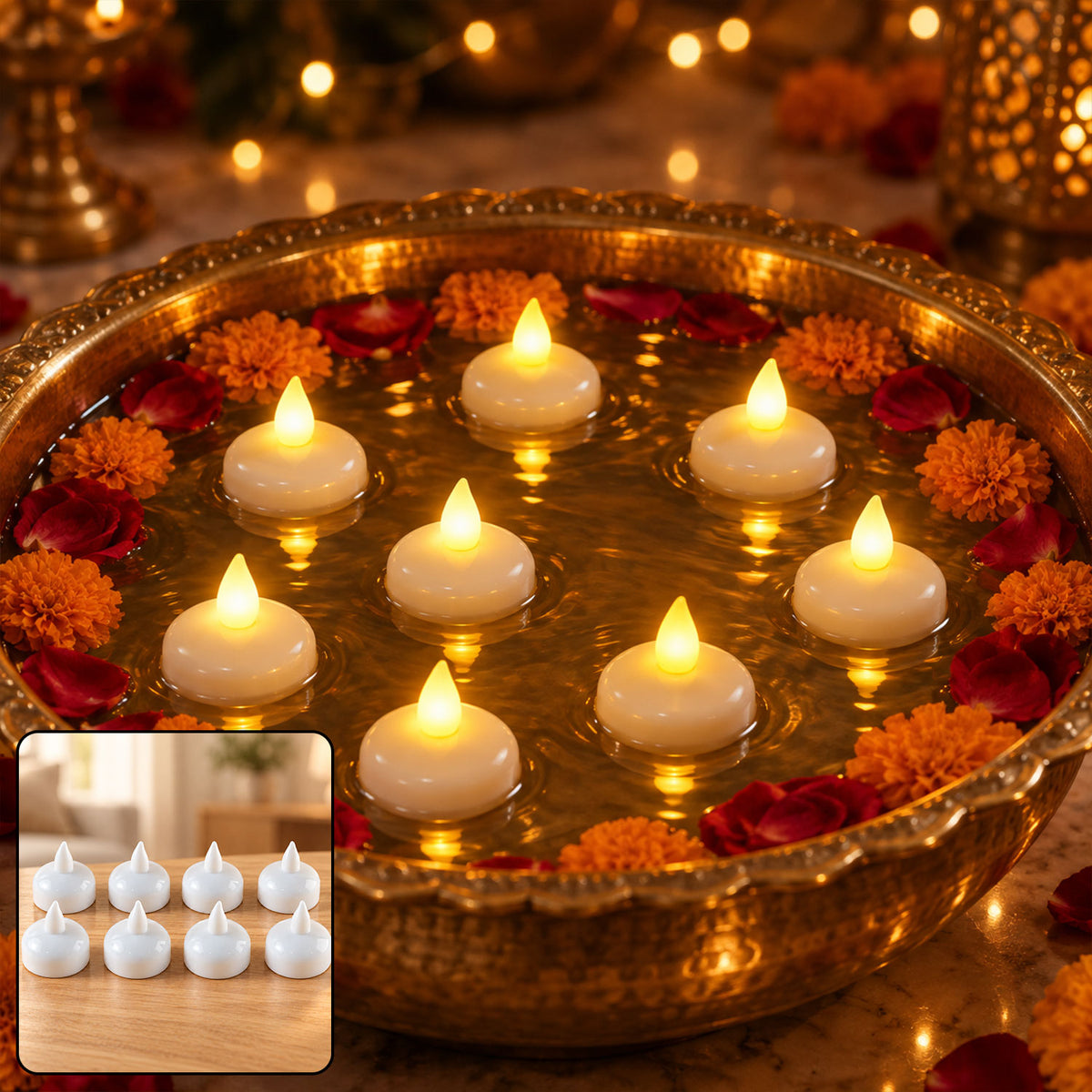 Eight white floating LED diyas with warm yellow flames in a brass bowl filled with water, orange marigolds, and red rose