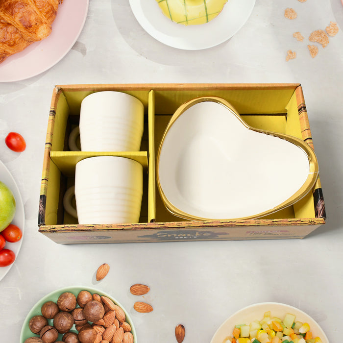 8228 Snacks Hut Ceramic Tea / Cups Set With Heart Shape Plastic Serving Platter, Milk Cup / Mug, Coffee Cup, Tea Cup BPA Free Food Grade, or Outdoor for Household Gift For Birthday (3 Pcs Set)