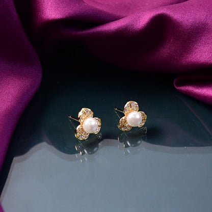 Pearl Center Clover Design Stud Earrings with Gold Finish for Women