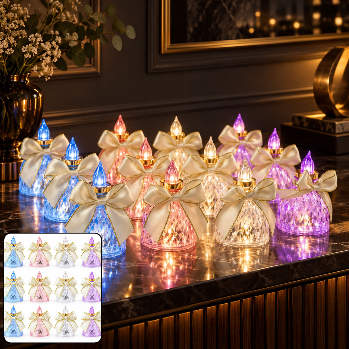Flameless LED Candle Lights with Bow for Festive Table Decoration (12 Pc Set)