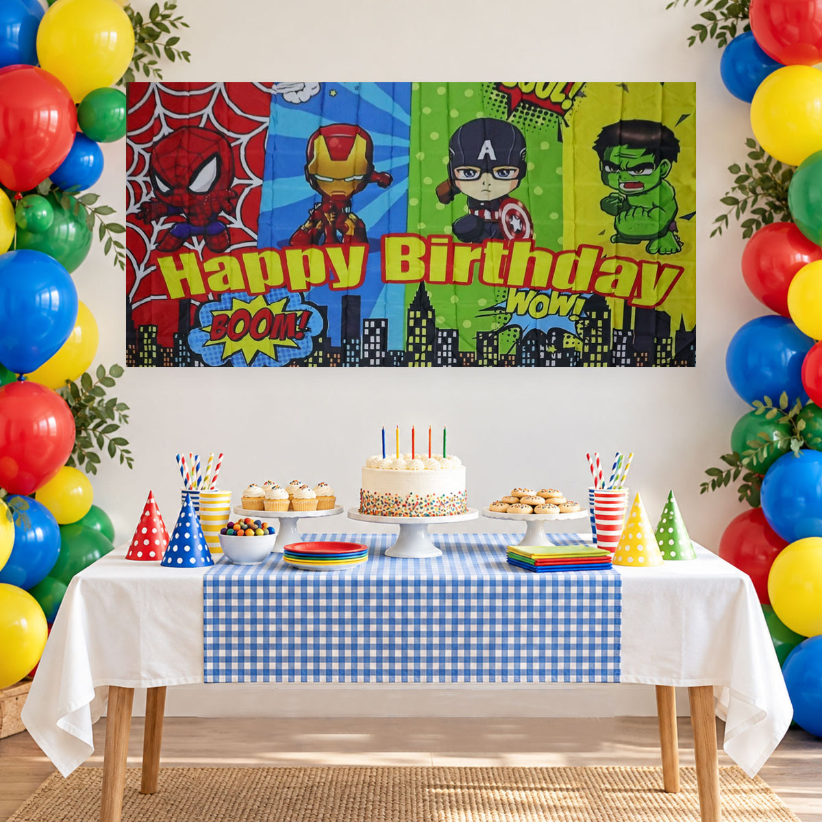 Kids Birthday Party Backdrop Curtain with Cartoon Hero Print (265x117 Cm)