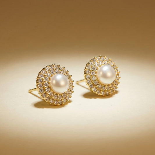 Round Pearl Stud Earrings with Crystal Border and Gold Finish for Women