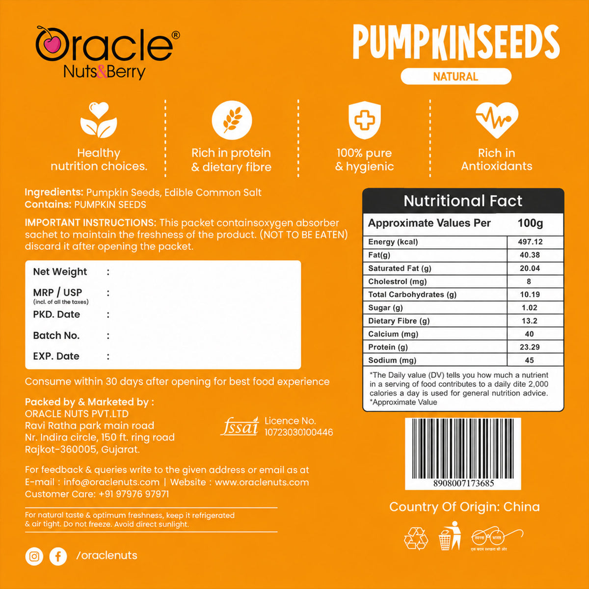 Pumpkin Seeds Premium Pure Raw Natural Seeds Full of Protein Rich Goodness (250g)