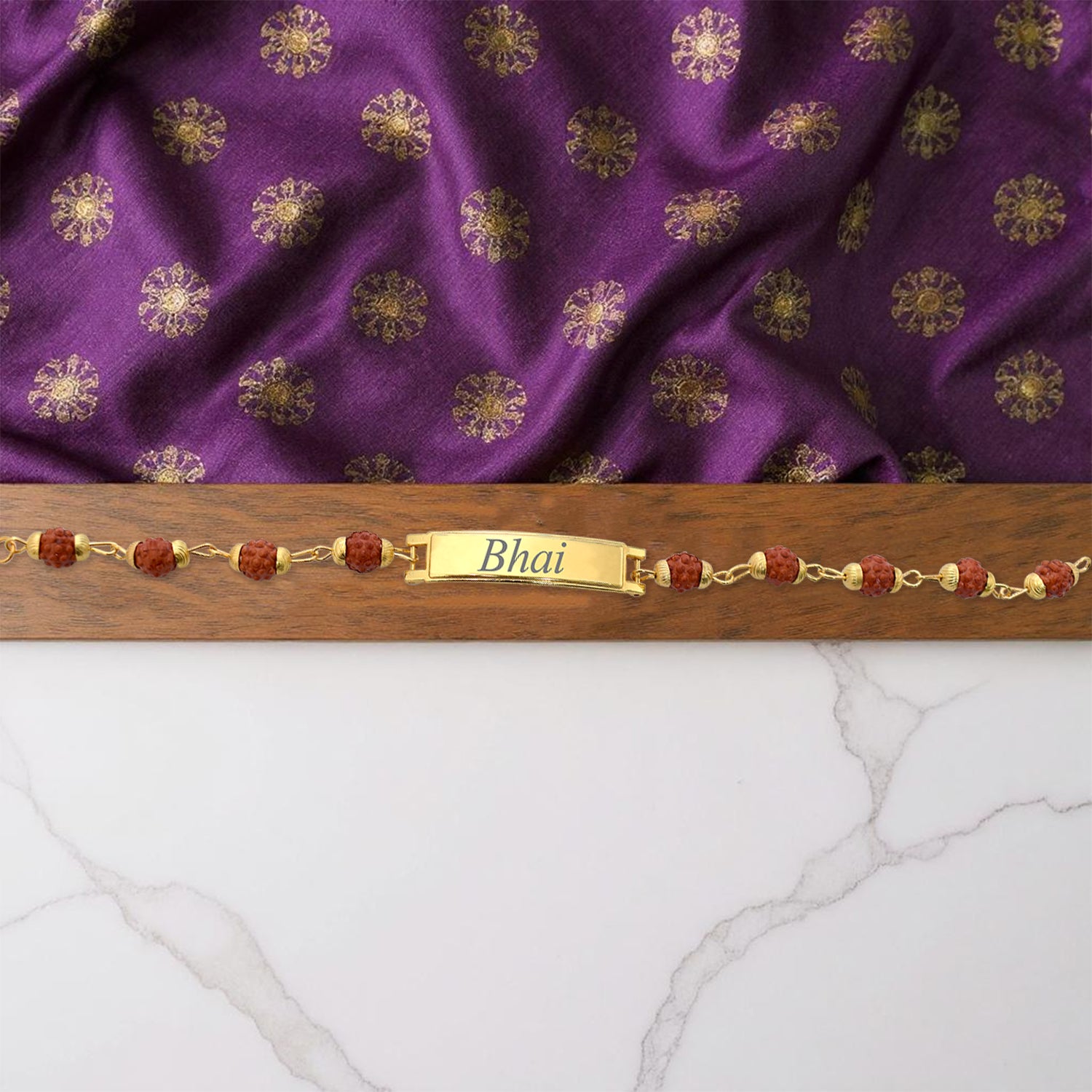 Gold-Toned Bhai Rakhi with Rudraksha Beads – Premium Personalized Rakhi