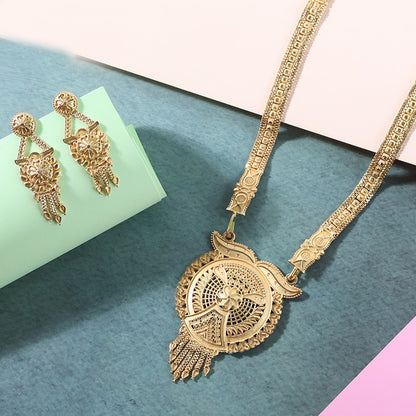 Gold-Tone Designer Necklace Set with Intricate Circular Pendant & Matching Statement Earrings