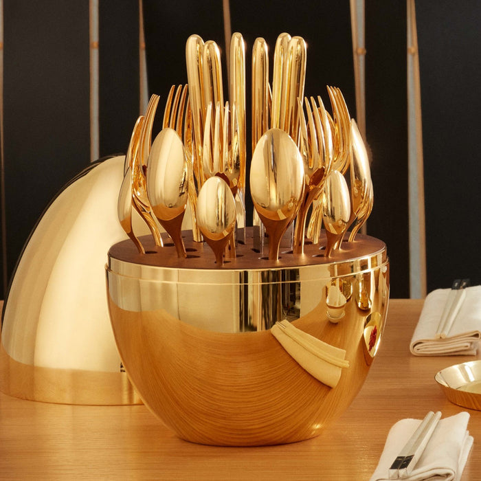 10010 Premium Cutlery Set 24 Pcs with Oval Shaped Stand | Beautiful Stylish Oval Designed Cutlery Sets, Egg-Shaped Luxury Spoon Holder Set  (Golden / 24 pcs set)