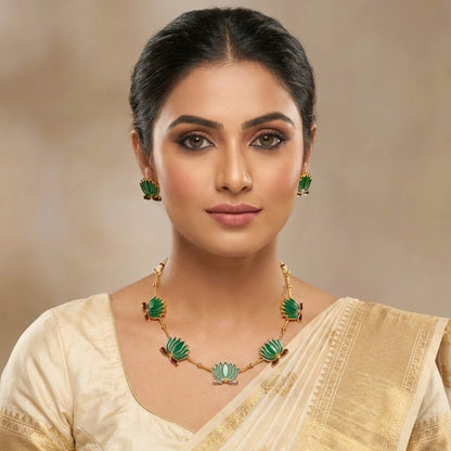 Green Lotus Necklace with Adjustable Thread & Stud Earrings Set