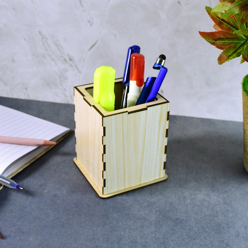 Khyati Square Wooden Pen Stand – Elegant Desk Organizer for Office & Study Table