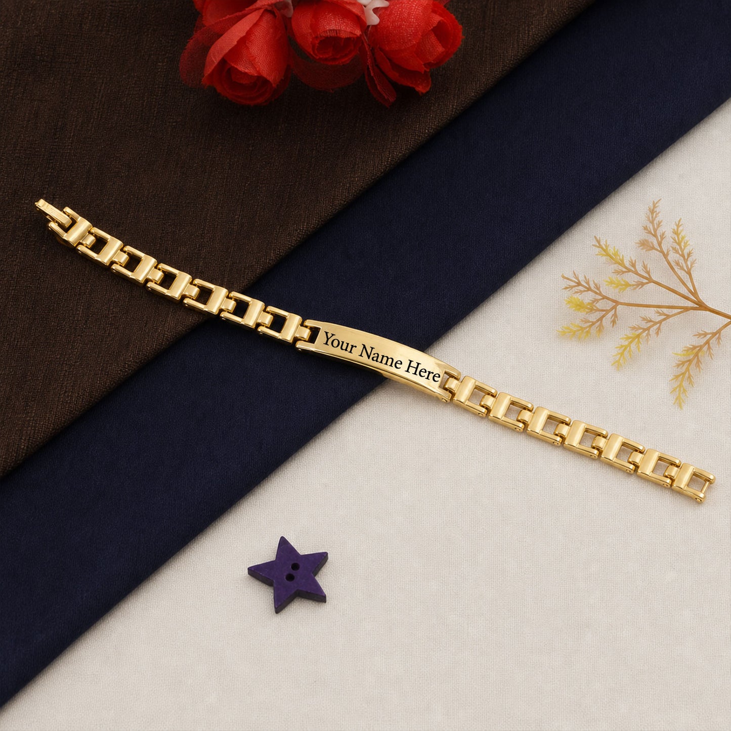 Customized Name Engraved Golden Plate Link Chain Bracelet (1 Pc)
