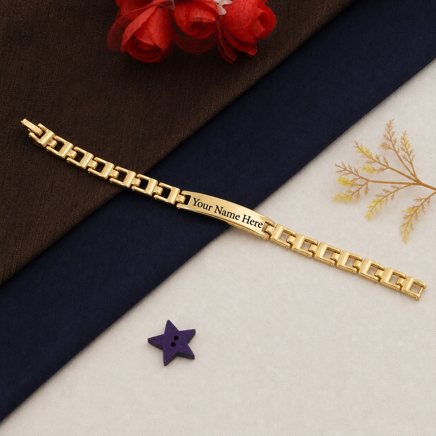 Customized Name Engraved Golden Plate Link Chain Bracelet (1 Pc)