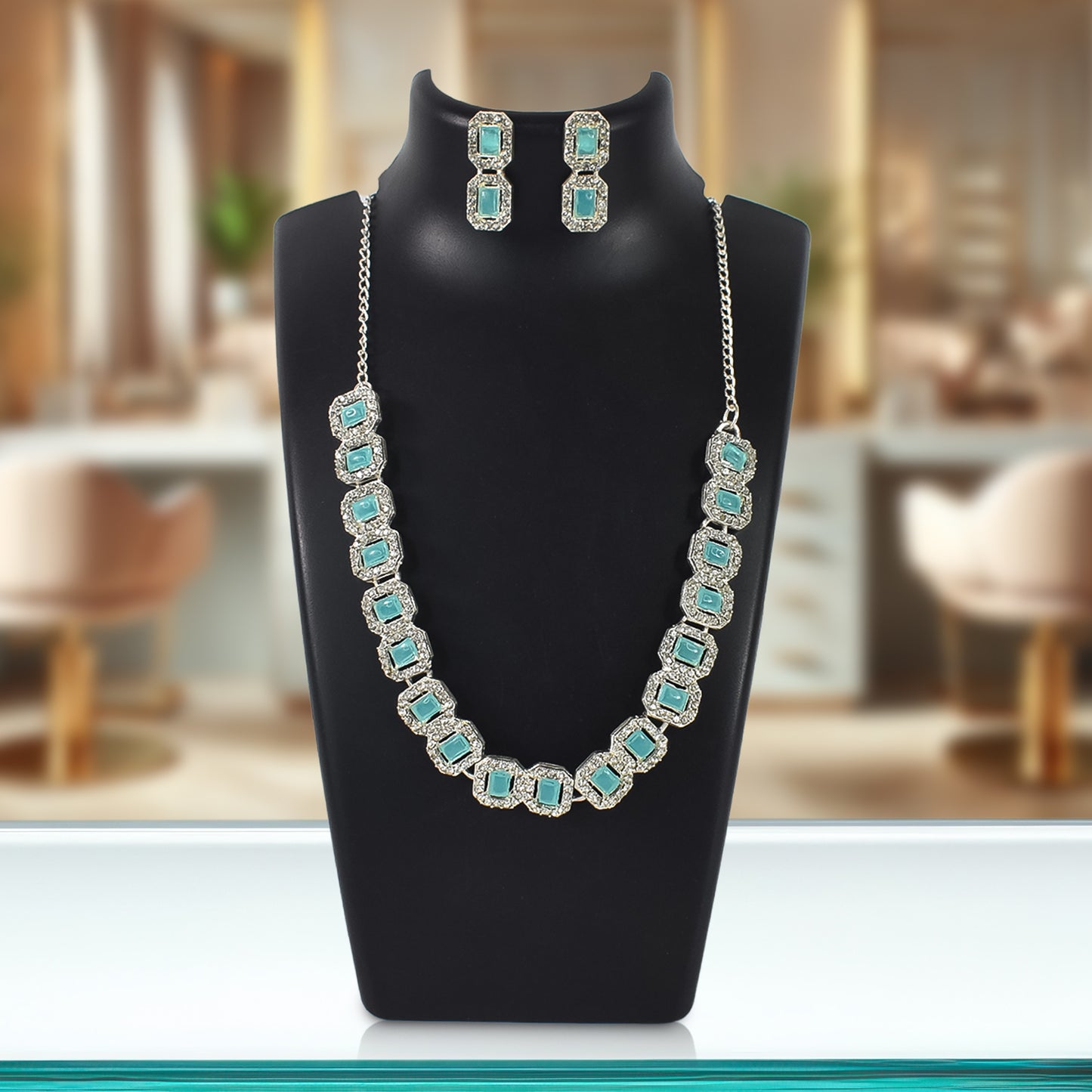 Sky Blue American Diamond Studded Jewellery Necklace Set