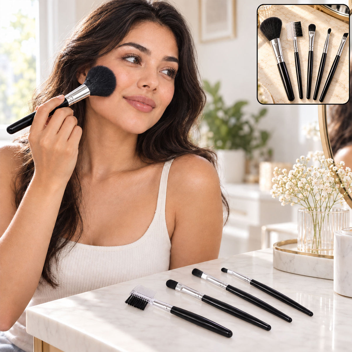 Mini Makeup Brush Set for Face Eye Brow and Lip Makeup with Compact Tools (5 Pc)