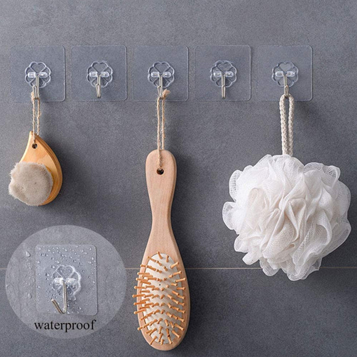 Self Adhesive Transparent Sticky Plastic & Stainless Steel Wall Hooks (10 Pcs Set)