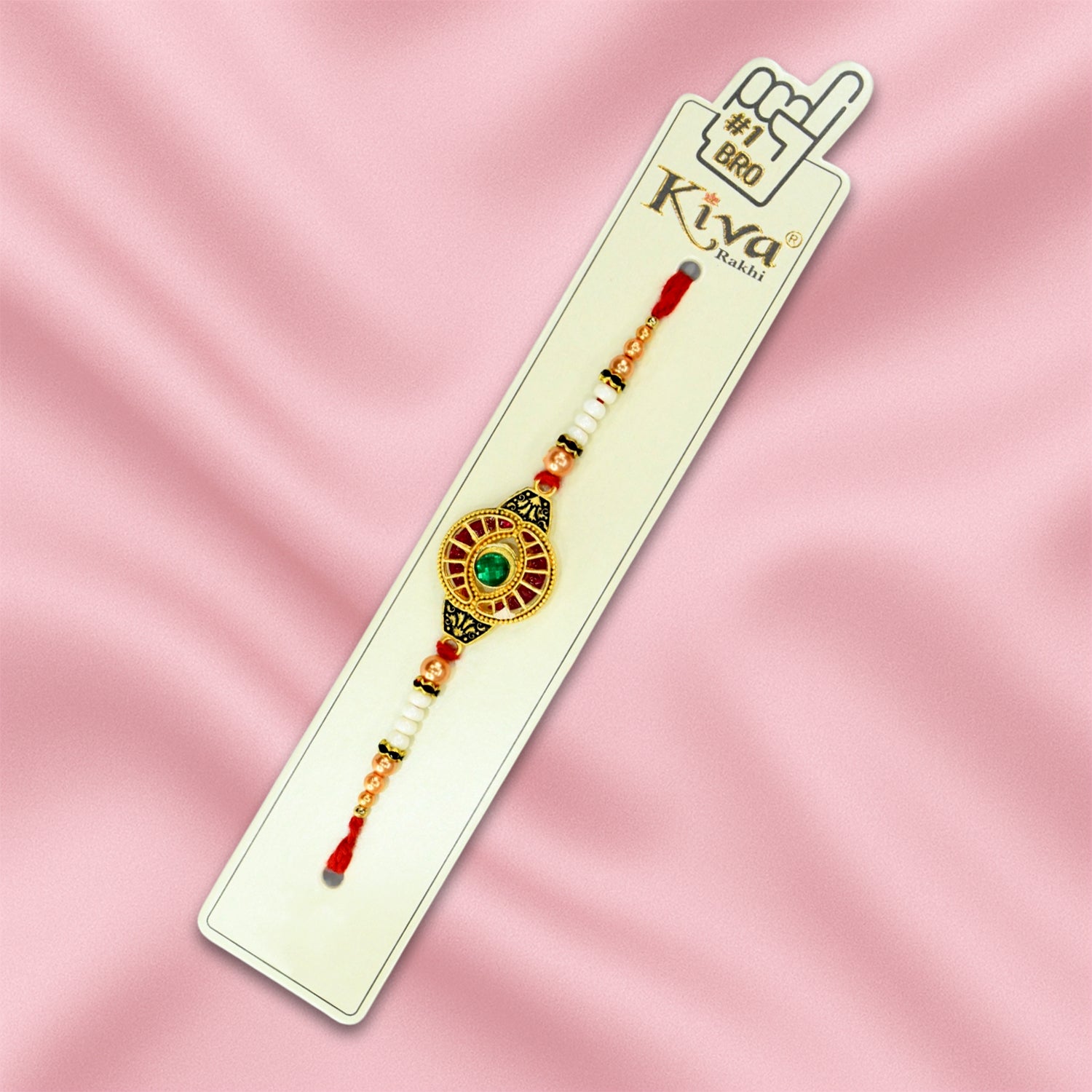 Traditional Rakhi with Green Center Gem, Red-Black Enamel Detailing & Beaded Thread Design