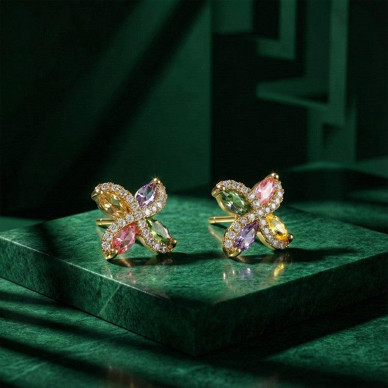 Multicolor Crystal Butterfly Stud Earrings with Gold Finish for Women