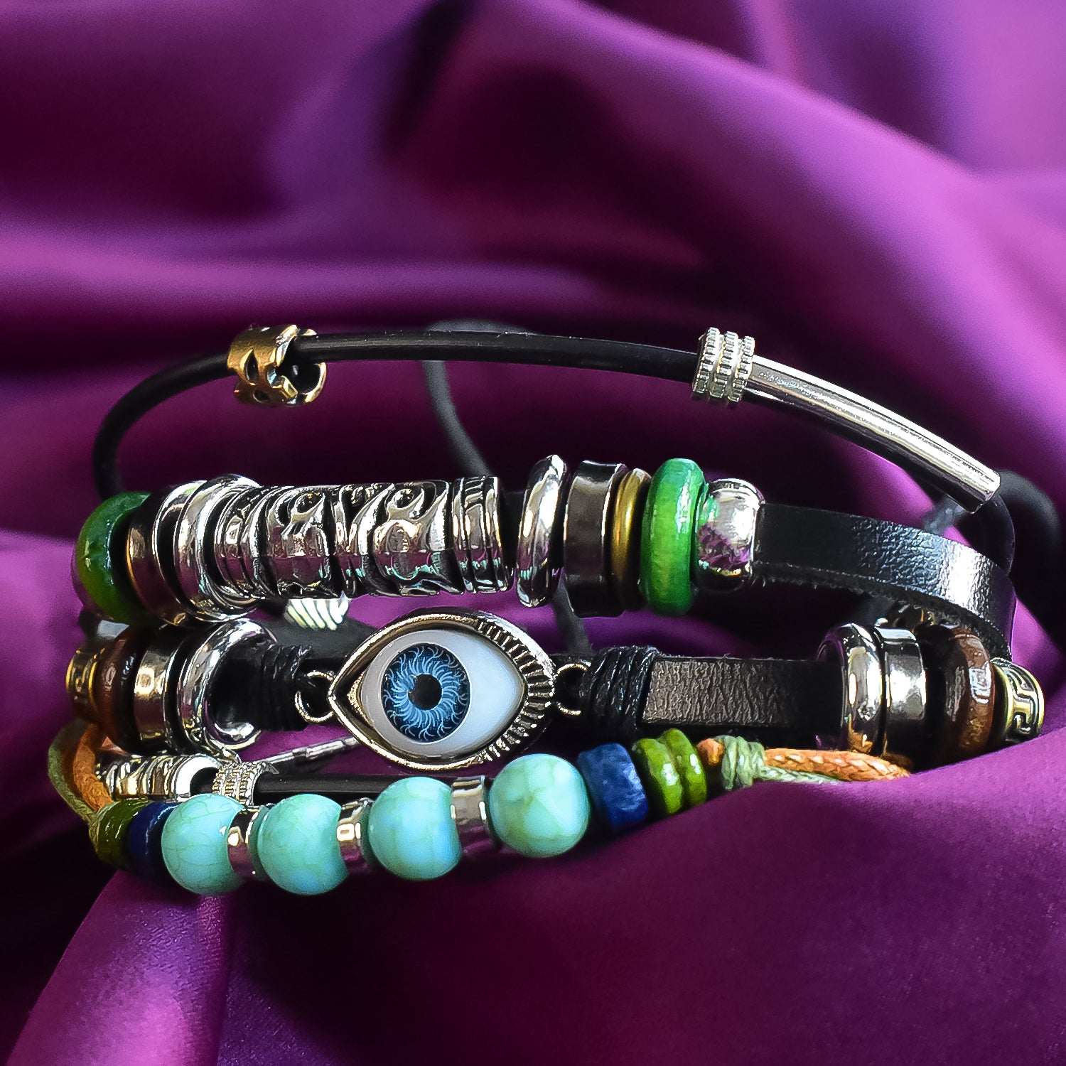 Leather Vintage Biker Multi-Strand Wrist Band with Cotton Thread & Wood Strap