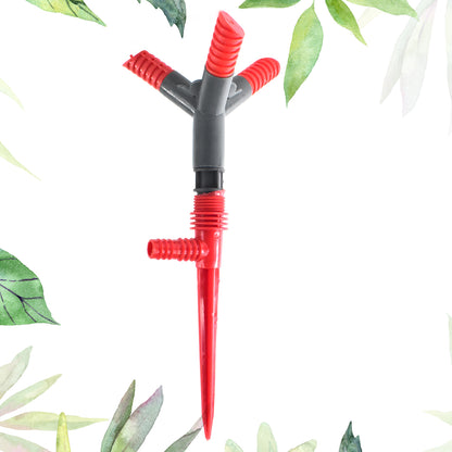 DeoDap 3 arm rotating garden sprinkler top view on lush green grass.