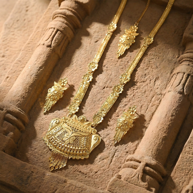 Majestic Gold-Finish Long Necklace Set with Intricate Traditional Craftwork