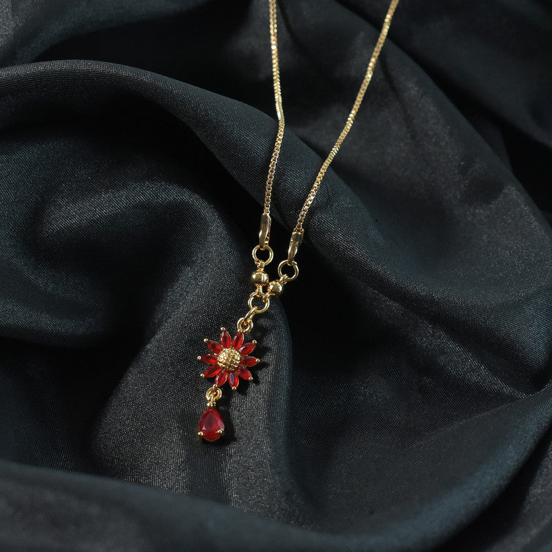 Gold-Plated Red Floral Crystal Pendant Necklace for Women