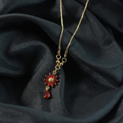 Gold-Plated Red Floral Crystal Pendant Necklace for Women