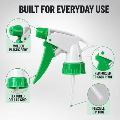 A detailed view of the white and green trigger sprayer nozzle highlighting its features.
