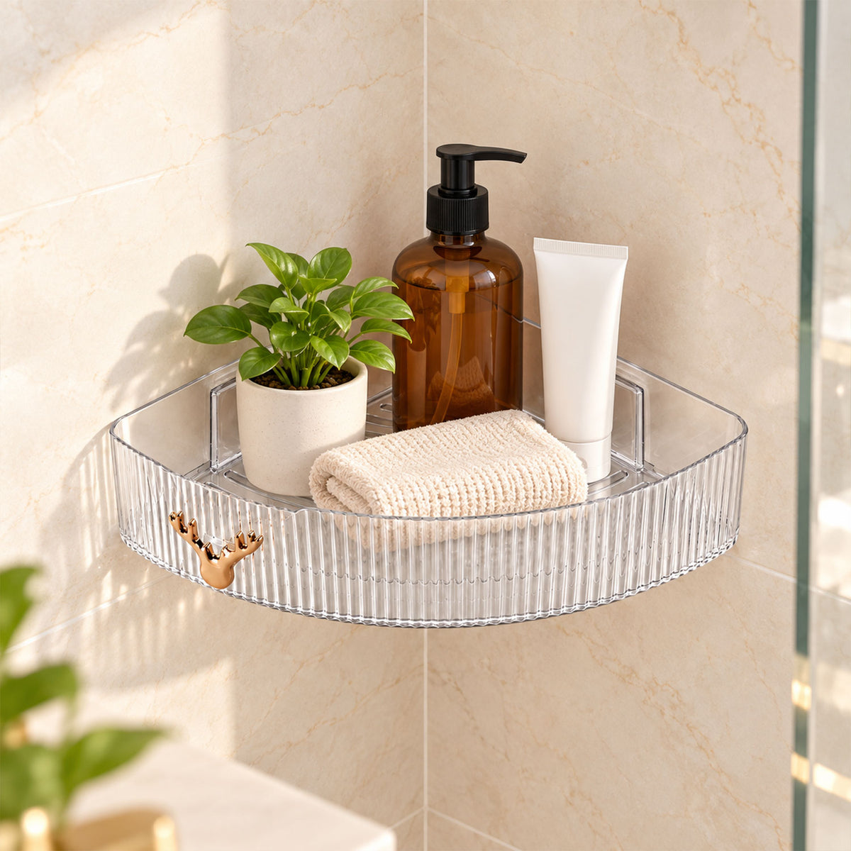 Apex Transparent Corner Rack with Adhesive Mounts for Bathroom Storage Shelf (1 Pc)
