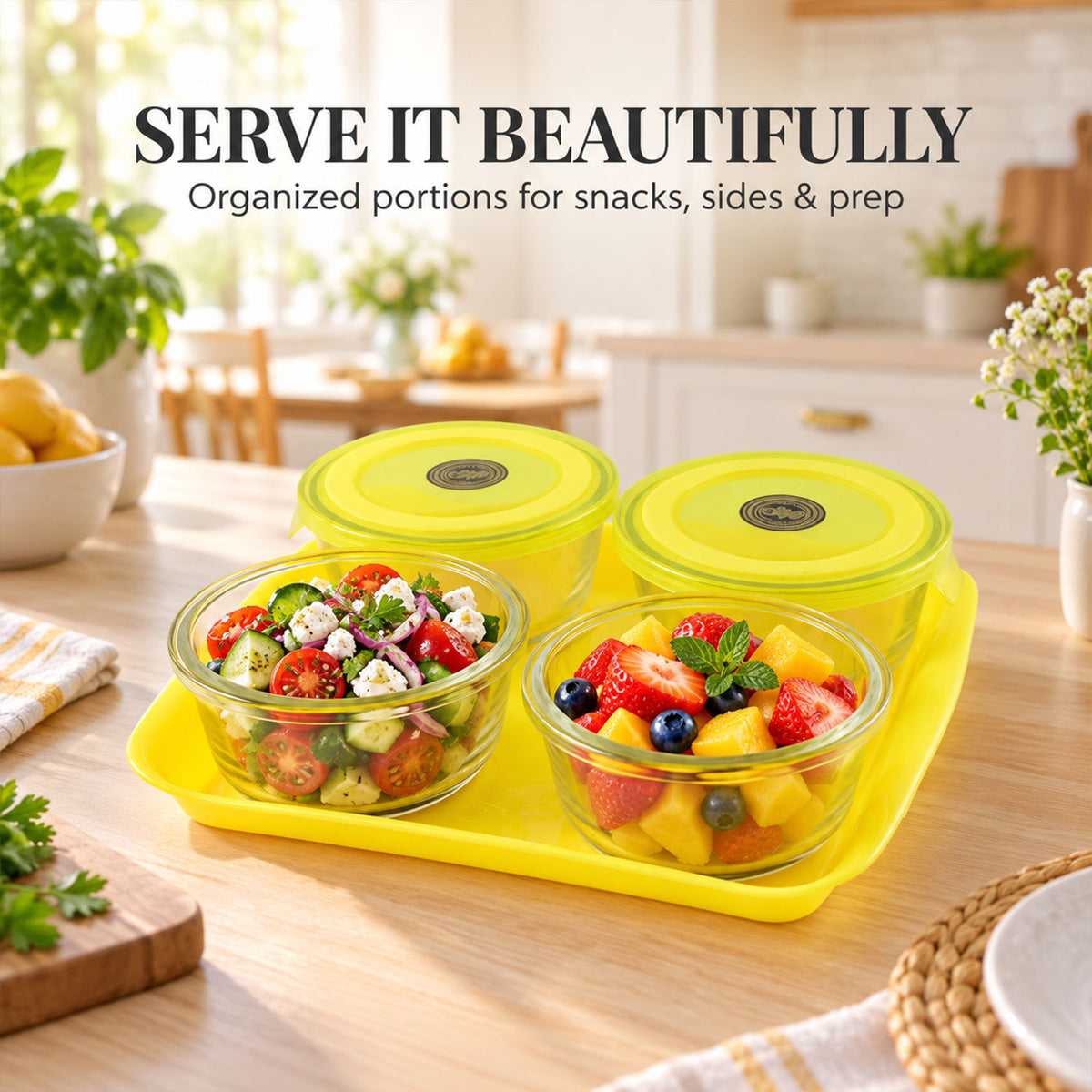 Glass Bowl Set with Plastic Lids and Serving Tray for Snacks and Nuts (5 Pc Set)