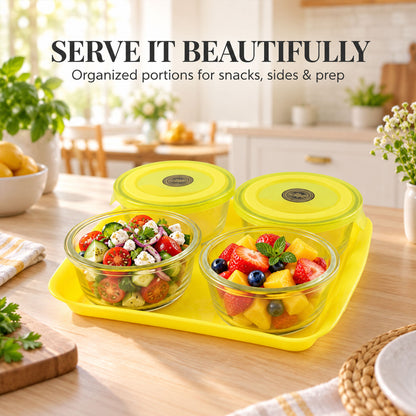Glass Bowl Set with Plastic Lids and Serving Tray for Snacks and Nuts (5 Pc Set)