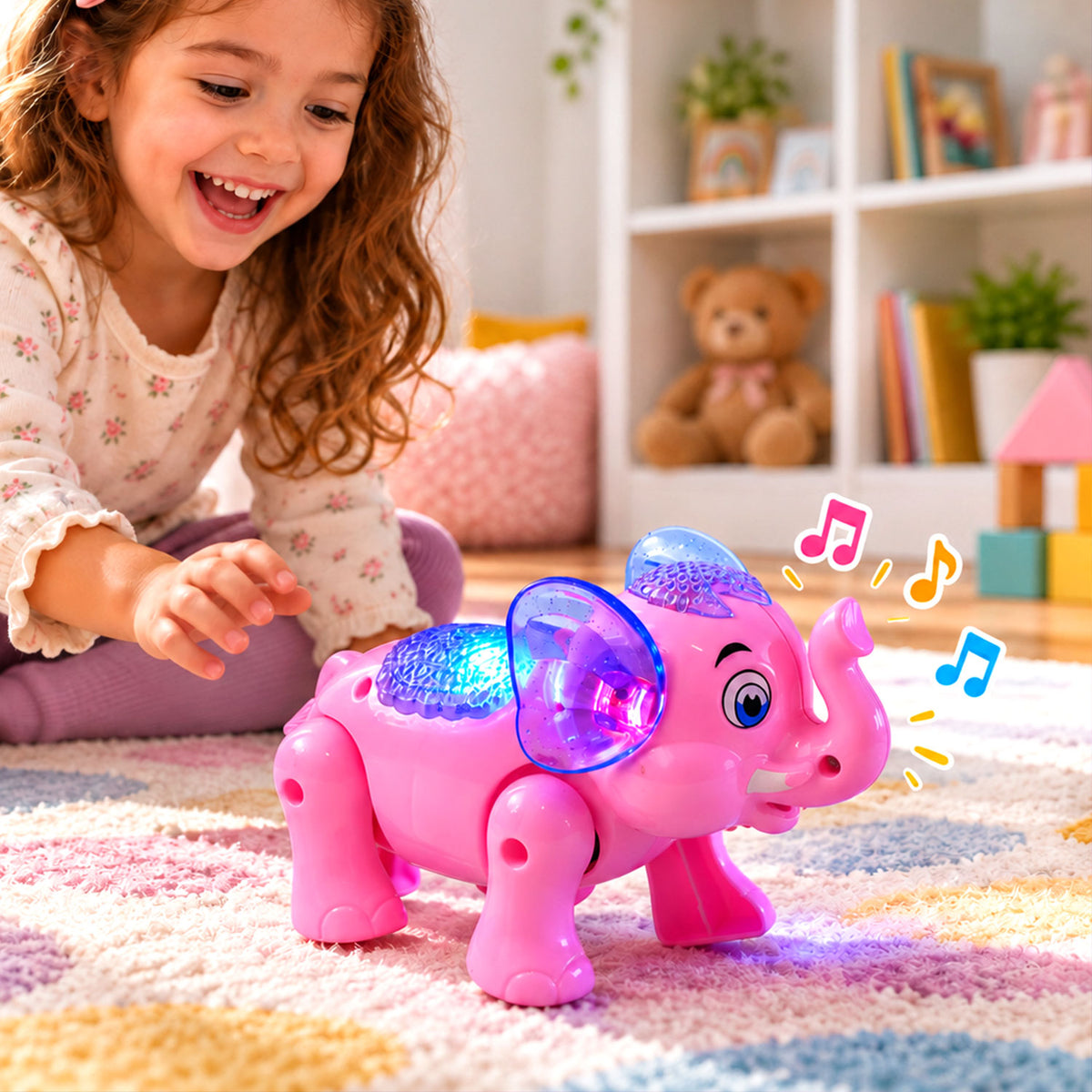 Musical Elephant Toy with Colourful Lights for Fun Indoor Playtime (1 Pc)