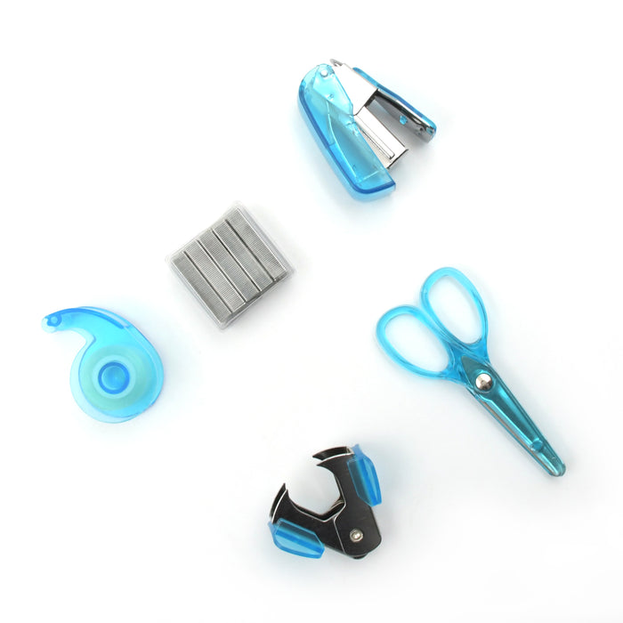Mini Office Stationery Set -  Stapler, Scissors, Paper Clips, Tape Dispenser, Transparent Tape, And Staples