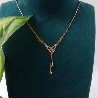 Delicate Pink Crystal Butterfly Pendant Necklace for Women – Gold Plated Adjustable Chain