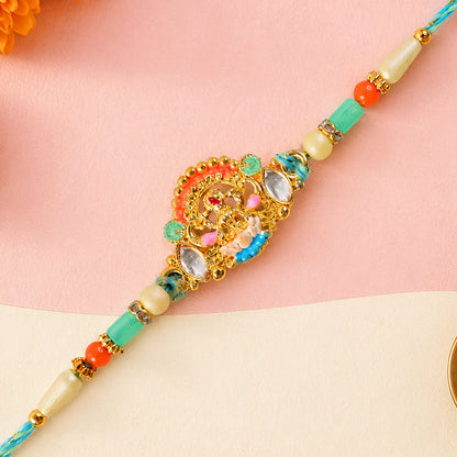 Orange Enamel Floral Kundan Pendant Rakhi with Pastel Beads