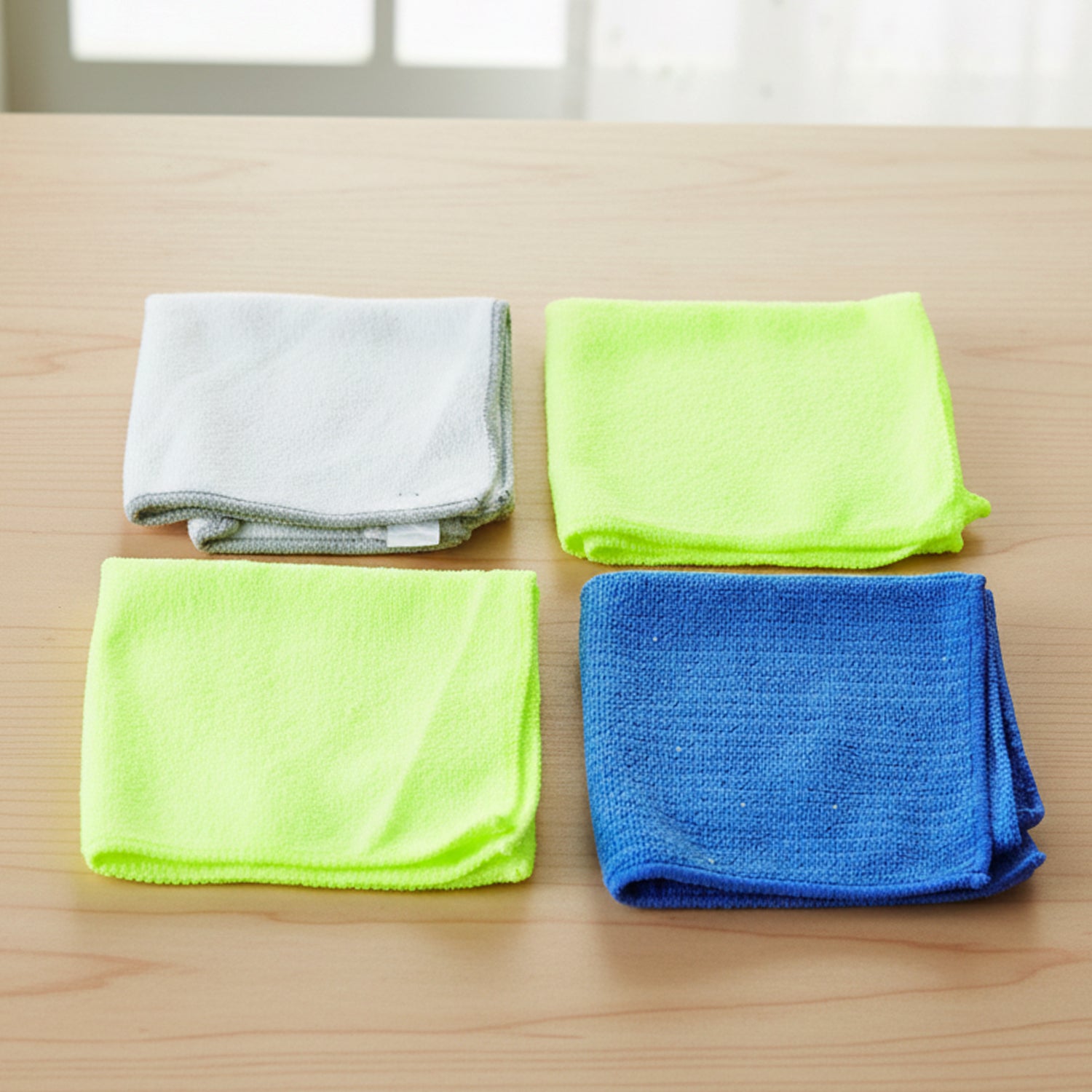 Microfiber cloths folded neatly on surface