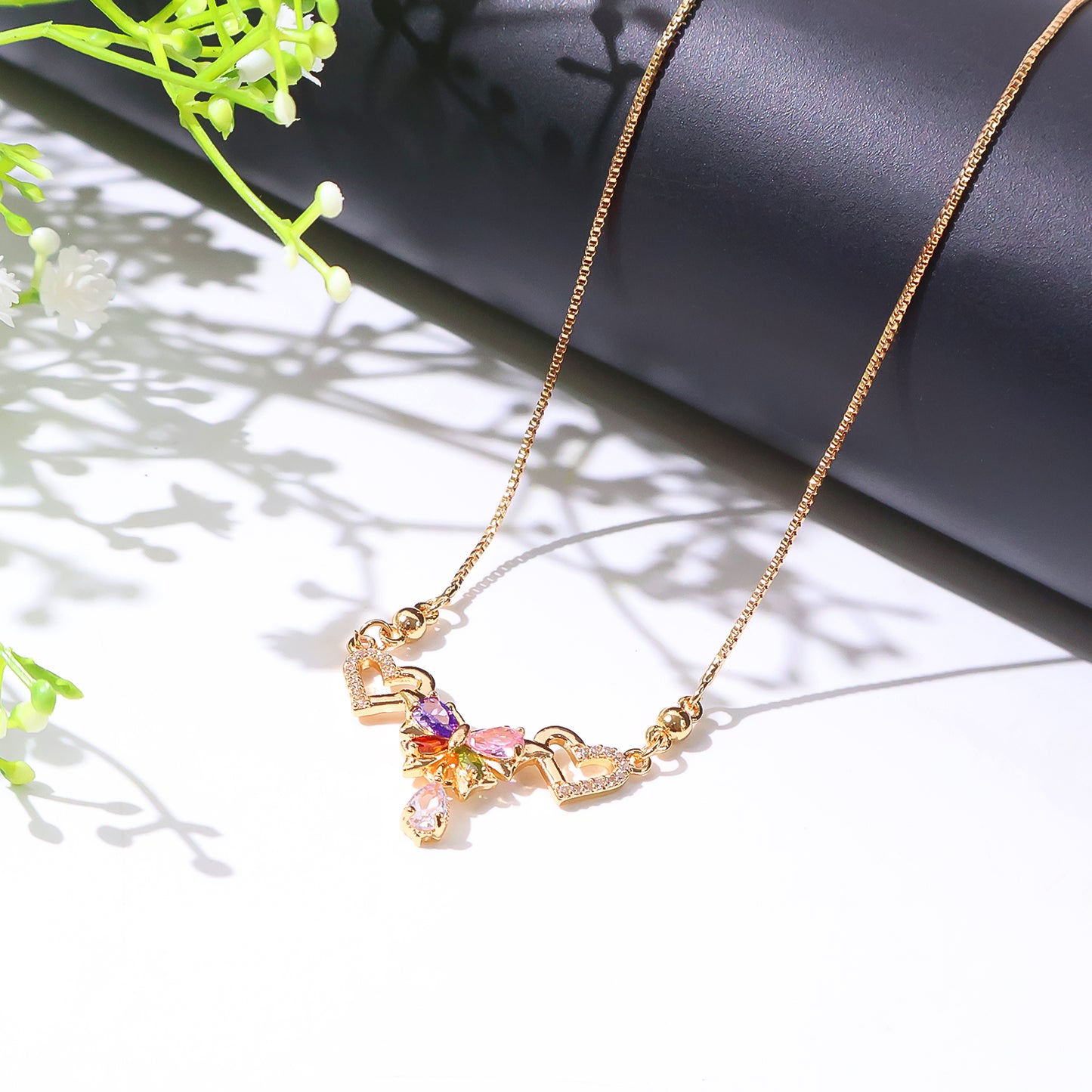 Multicolor Butterfly Design Gold-Plated Pendant Necklace with Heart Accents for Women