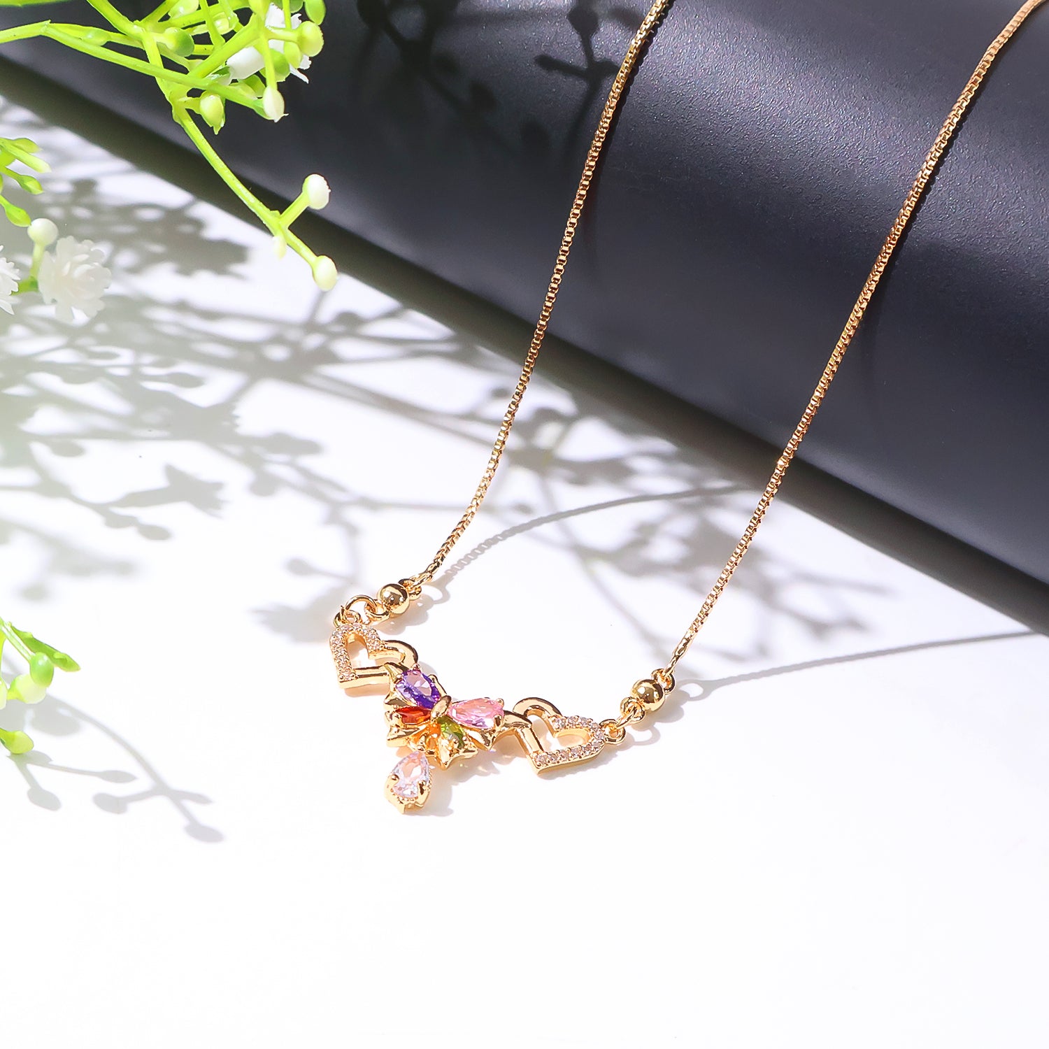 Multicolor Butterfly Design Gold-Plated Pendant Necklace with Heart Accents for Women