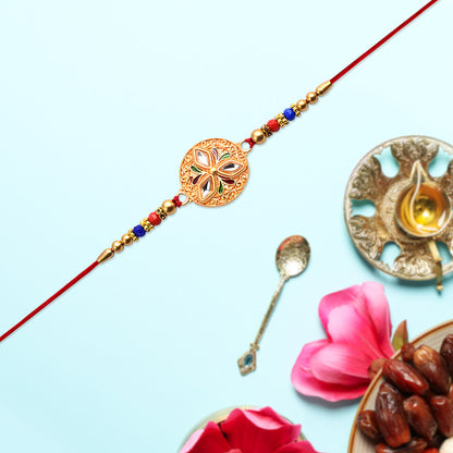 Elegant Meenakari Floral Rakhi with Colorful Beads & Golden Detailing