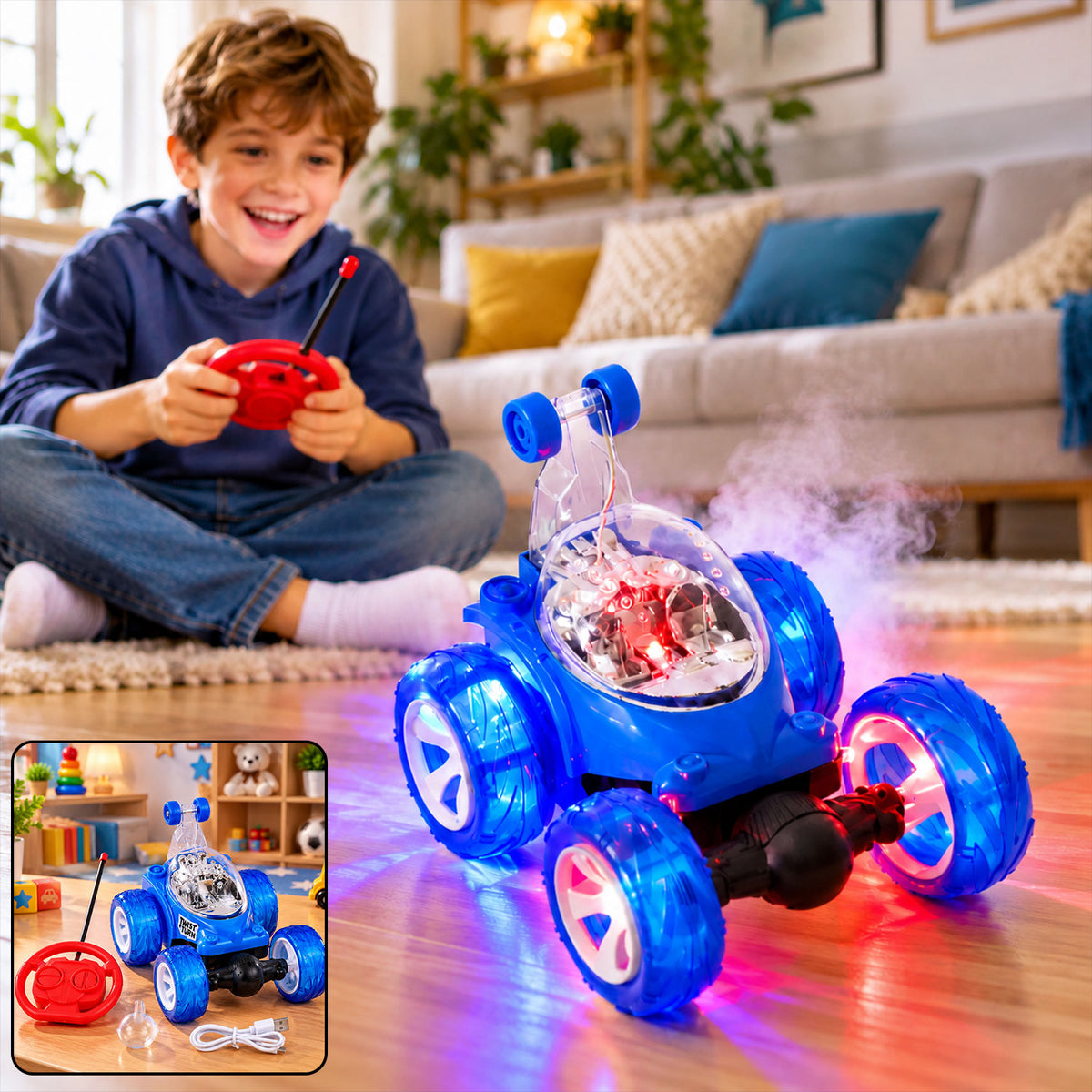 Remote Control Stunt Car with Music LED Lights and Water Spray Effect (1 Set)