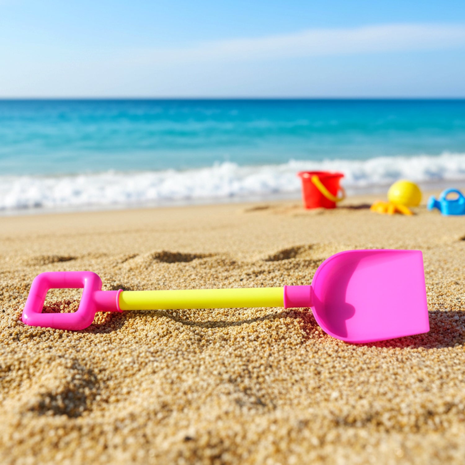 Shovel toy next to sand bucket