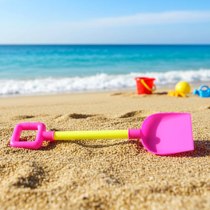 Shovel toy next to sand bucket