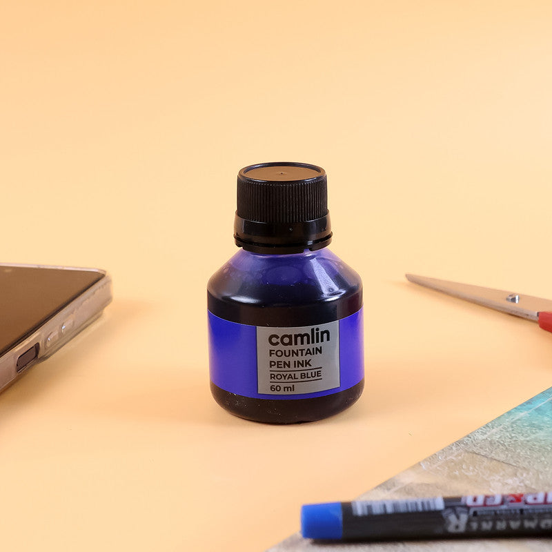 Camlin Fountain Pen Ink – Smooth Writing Royal Blue Ink for All Fountain Pens (60 ml Bottle)
